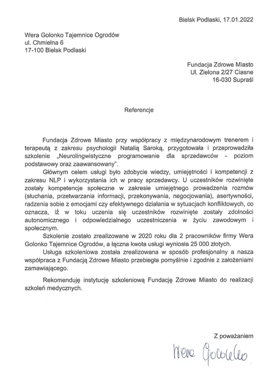 Scan de la lettre de recommandation — Wera Golonko — Tajemnice Ogrodów