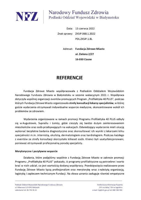 Scan de la lettre de recommandation — Podlaski Oddział Wojewódzki Narodowego Funduszu Zdrowia