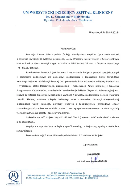 Scan de la lettre de recommandation — Uniwersytecki Dziecięcy Szpital Kliniczny im. L. Zamenhofa w Białymstoku