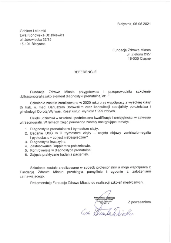 Scan de la lettre de recommandation — Gabinet Lekarski Ewa Klonowska-Dziatkiewicz