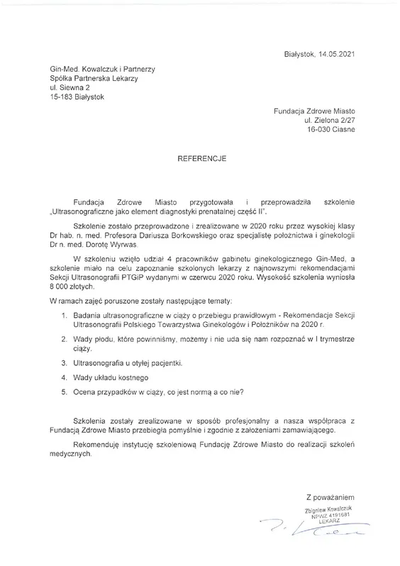 Scan de la lettre de recommandation — Gin-Med Kowalczuk i Partnerzy, Spółka Partnerska Lekarzy