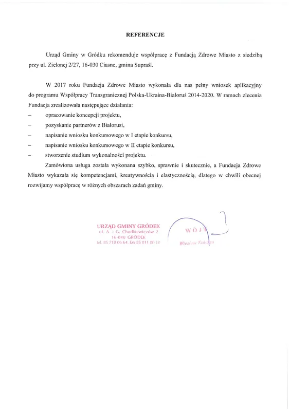 Scan de la lettre de recommandation — Urząd Gminy Gródek