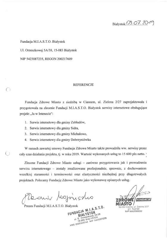 Scan de la lettre de recommandation — Fundacja M.I.A.S.T.O. Białystok