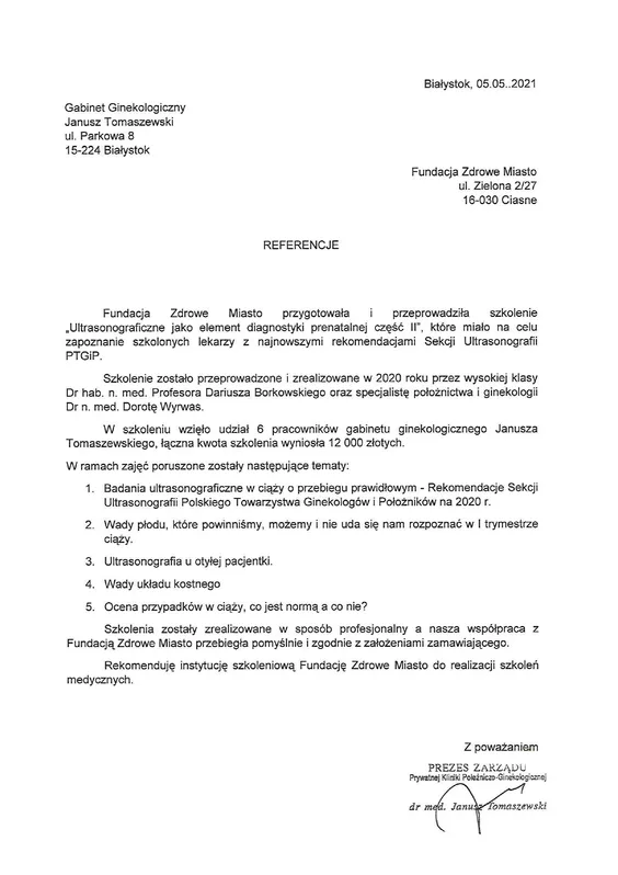 Scan de la lettre de recommandation — Gabinet Ginekologiczny Janusz Tomaszewski