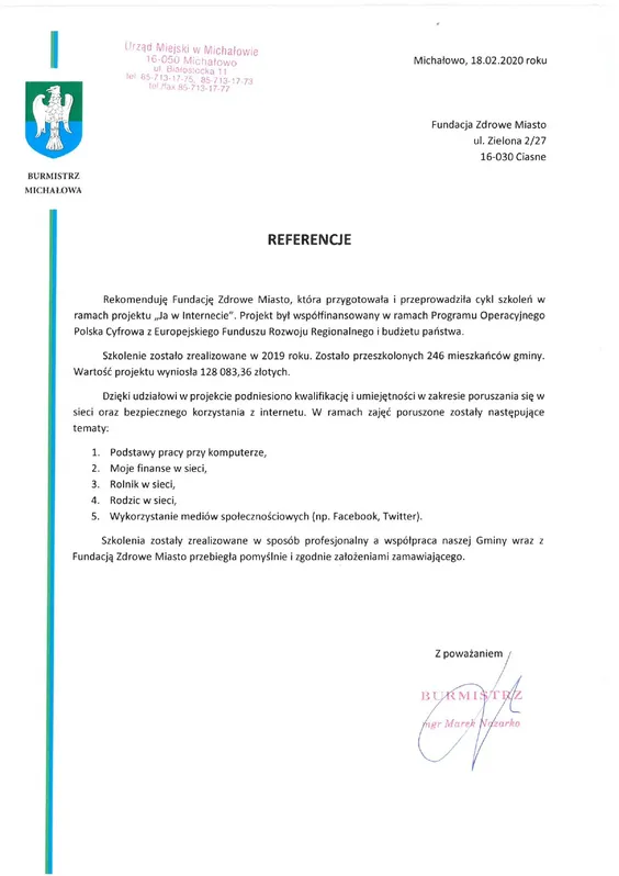 Scan de la lettre de recommandation — Urząd Miejski w Michałowie