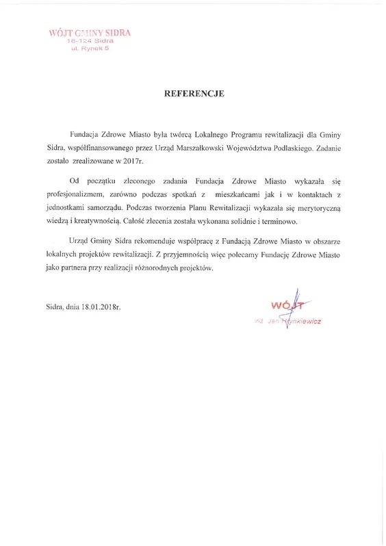 Scan de la lettre de recommandation — Urząd Gminy Sidra