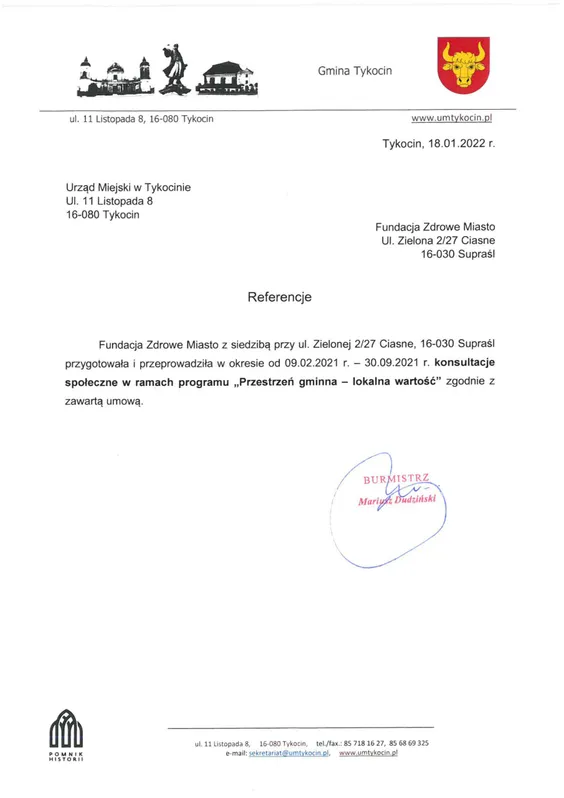 Scan de la lettre de recommandation — Urząd Miejski w Tykocinie