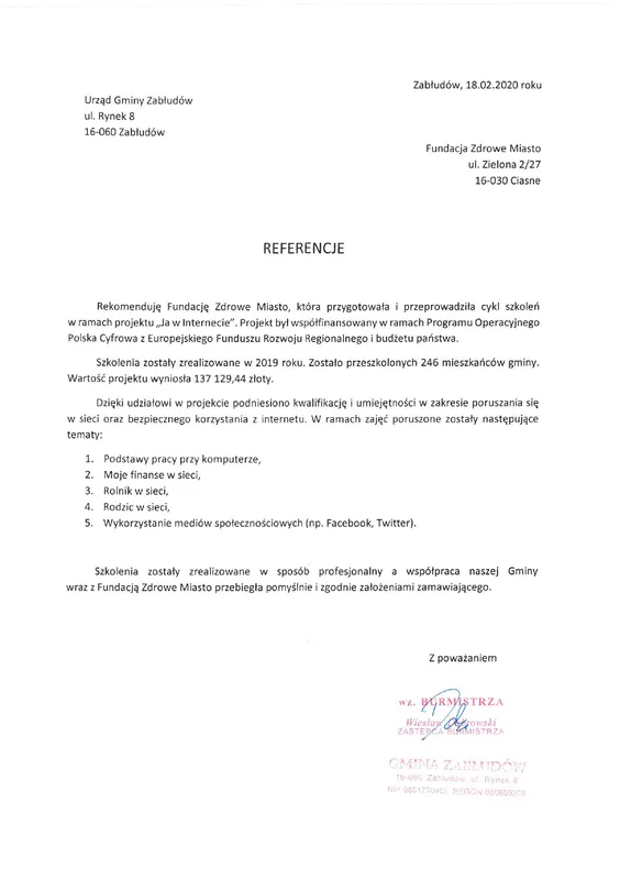 Scan de la lettre de recommandation — Urząd Miejski w Zabłudowie