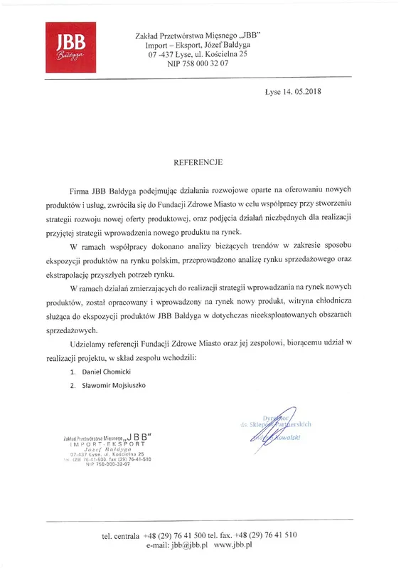 Scan de la lettre de recommandation — JBB Bałdyga