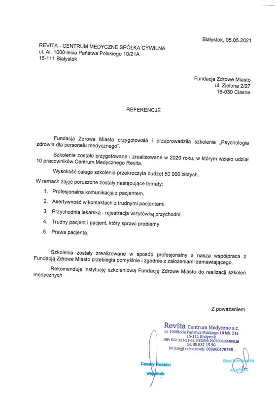 Scan de la lettre de recommandation — REVITA — Centrum Medyczne