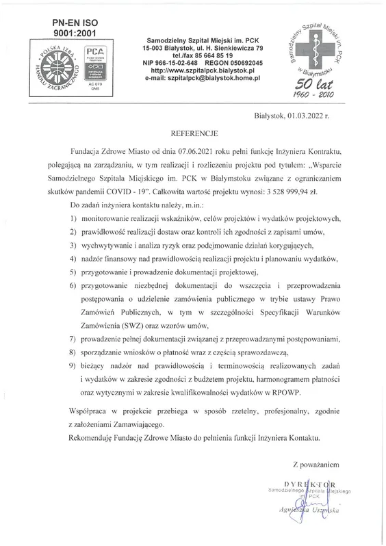 Scan de la lettre de recommandation — Samodzielny Szpital Miejski im. PCK w Białymstoku