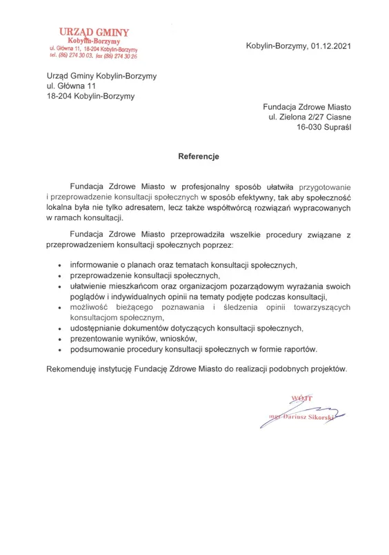 Scan de la lettre de recommandation — Urząd Gminy Kobylin-Borzymy